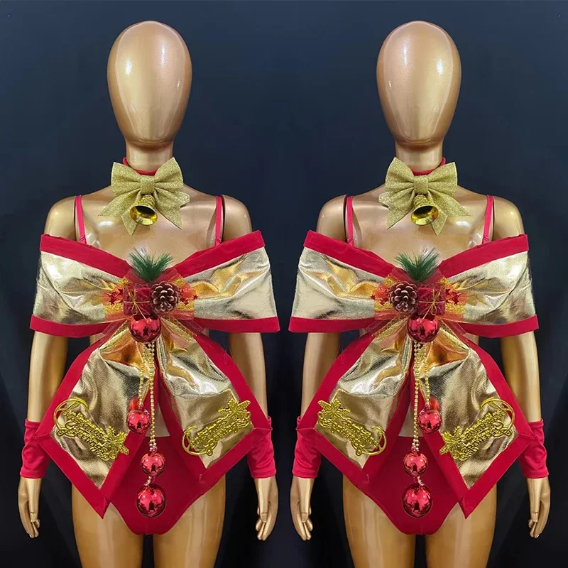 

Women Stage Performance Outfit Sexy Gogo Dancewear Red Gold Bow Top Christmas Halloween Carnival Costumes Party Rave Wear yj295