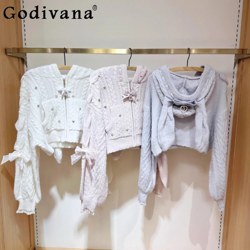 

Liz Short Knitted Cardigan Japanese 2025 New Cute Girls Sweet Bowknot Rabbit Ears Lolita Knitted Jacket Tops Spring and Autumn