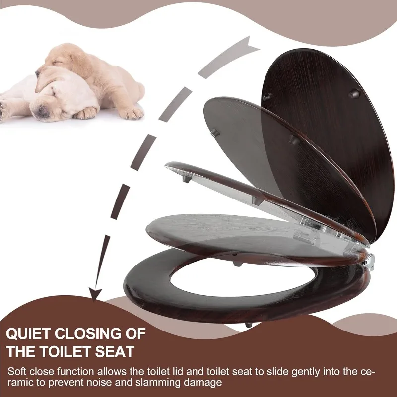 Round Toilet Seat Molded Wood Toilet Seat with Quietly Close and Quick Release Hinges, Easy to Install also Easy to Clean