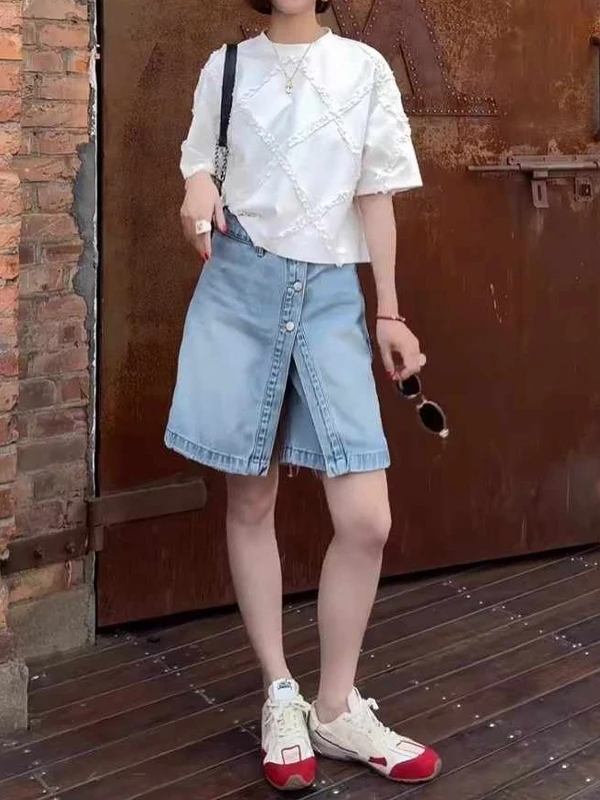 Hoge taille blauwe A-lijn denim orts dames zomer plus maat rechte pijpen wijde pijpen vijfkwartlengte jeans