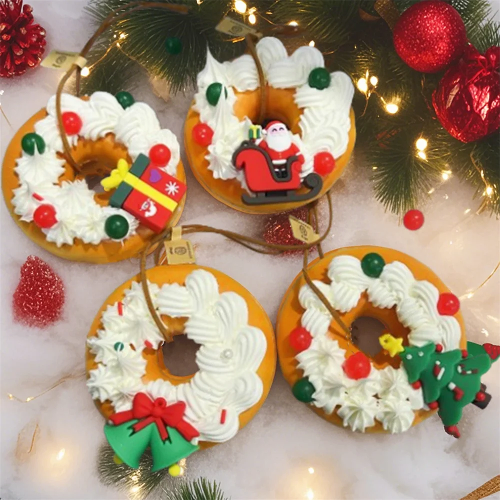 White Cream Donut Top of Christmas Hot List Charm Prop Decoration Display Fake Bread Popular Rope With Magnet Green Red Play Joy