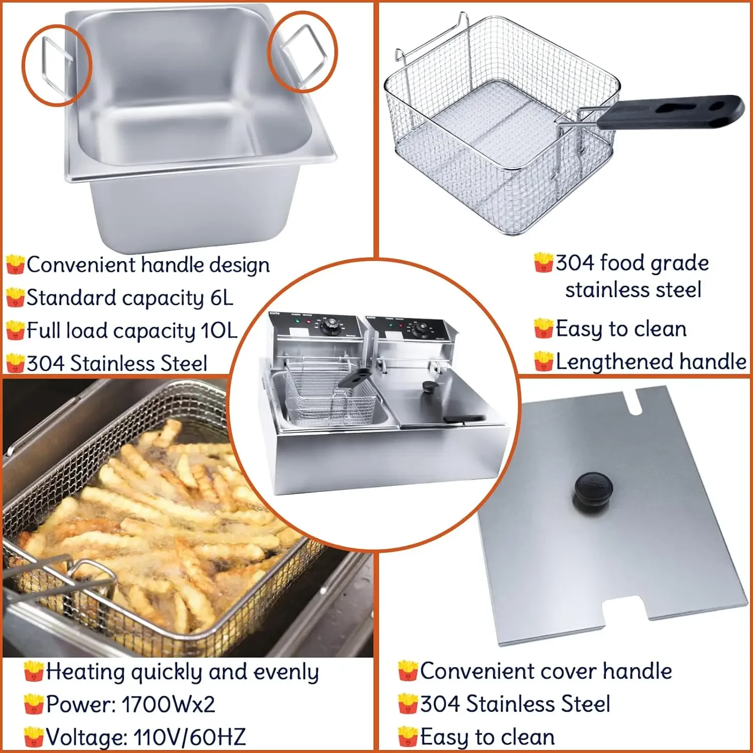 

XMSJ.Commercial Deep Fryer with Basket, 3400W 12.7QT/12L, Detachable Large Capacity Stainless Steel Countertop Electric Oil Fry