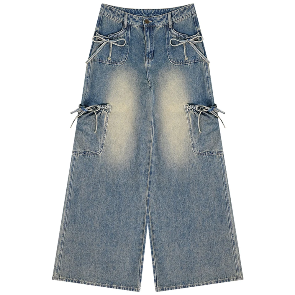 

Джинсовые брюки с высокой талией на шнуровке и бантом, женские весенне-осенние модные свободные прямые широкие брюки Y2k с несколькими карманами