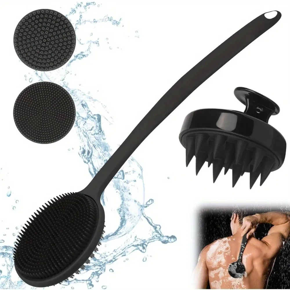 

2 шт., силиконовая щетка для скруббера для спины, длинная ручка для душа, глубокое очищение тела, отшелушивающий массаж, двусторонняя мягкая щетина