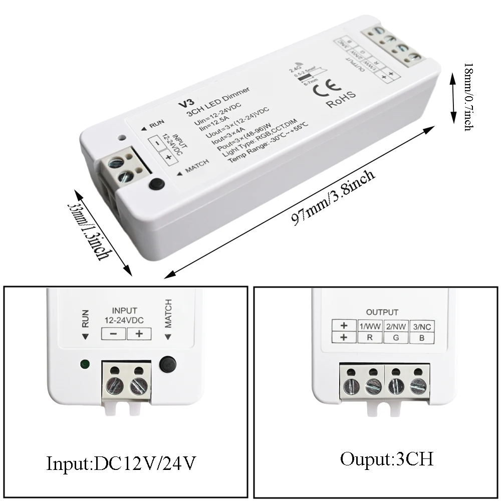 V3 LED RF Controller 3CH Dimmer KIT 4 Zone Touch Wheel RF Remote Controller use for Single color CCT RGB LED light strip Dimming