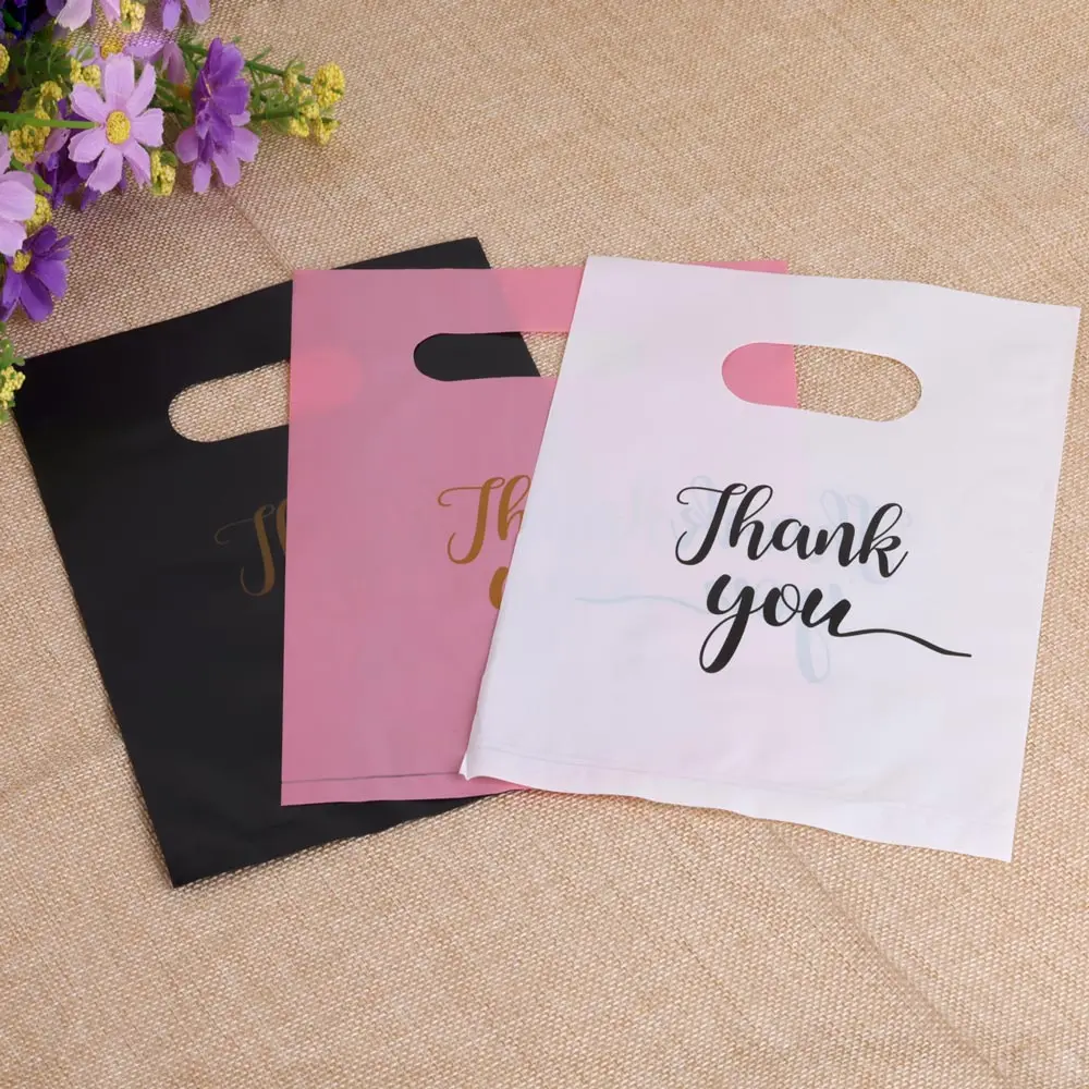 Sacs cadeaux en plastique « Merci » pour petites entreprises, emballage cadeau, sacs de magasin en plastique, sacs pour bonbons de mariage et d'anniversaire, 10/50/100 pièces