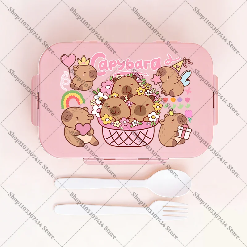 

Capybara Girl Cute Plastic Lunch Box with Spoon Fork Kids Cartoon Portable Food Container Children Anime Printed Lunchbox Gifts