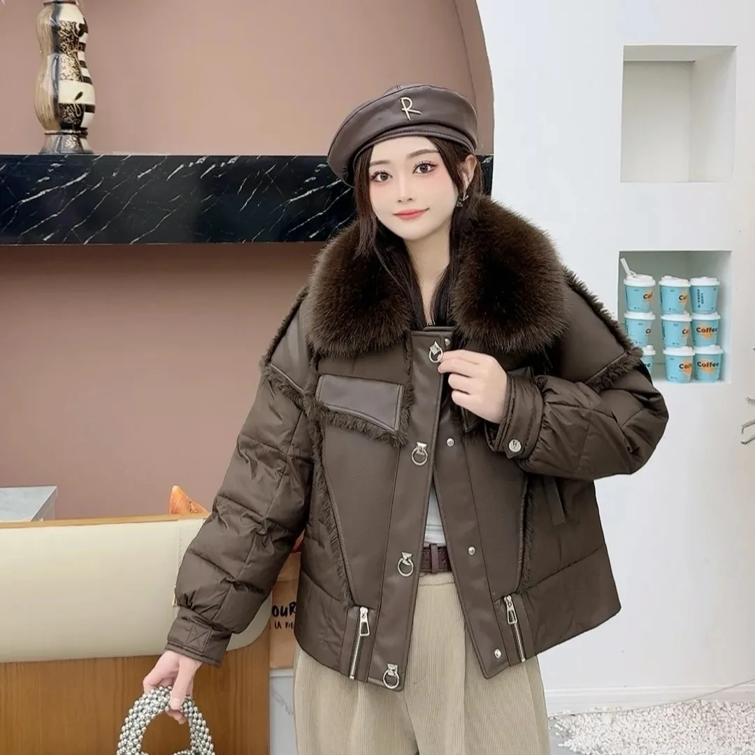 

2025 Winter New Down Jacket for Women Fashion Short Large Hairy Collar Detachable Warm Duck Down Coat Female Motorcycle Jackets