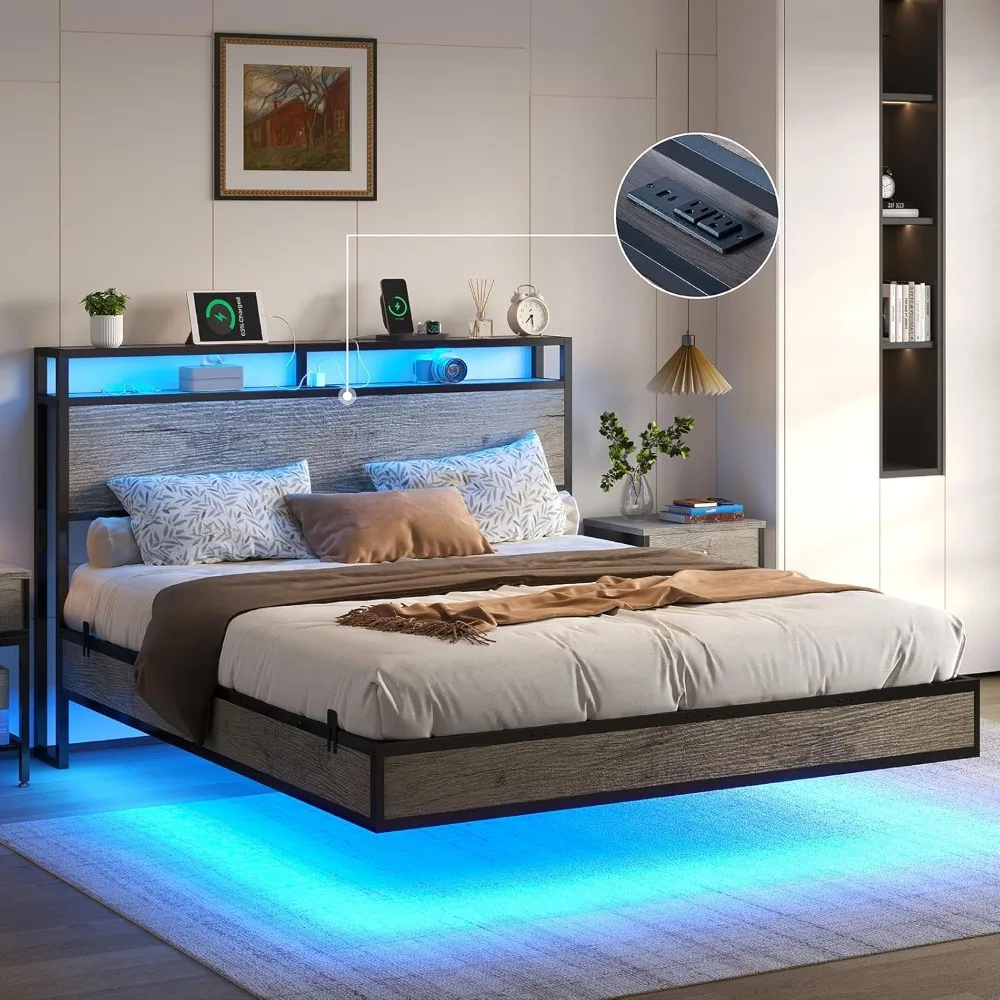 

Full Bed Frame with LED Lights and Charging Station, Smart Storage Headboard Platform Bed W/ USB Port,Grey, Bed Frame