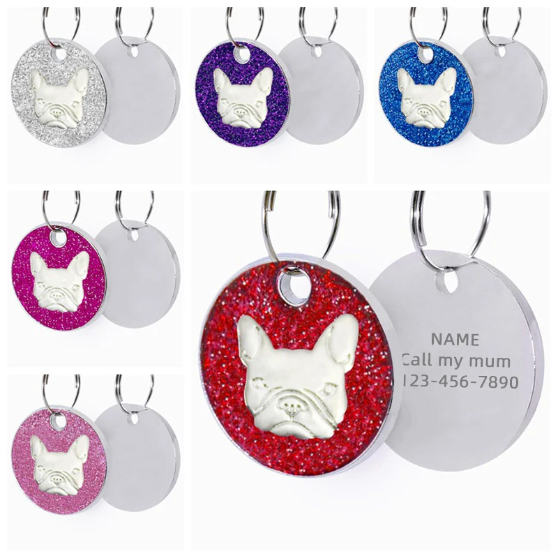 French Bulldog Bell Coloful Glitter Dog Identity Tag Personalized Anti-lost Collar Customized Engraving Pet Name Cat Accessories