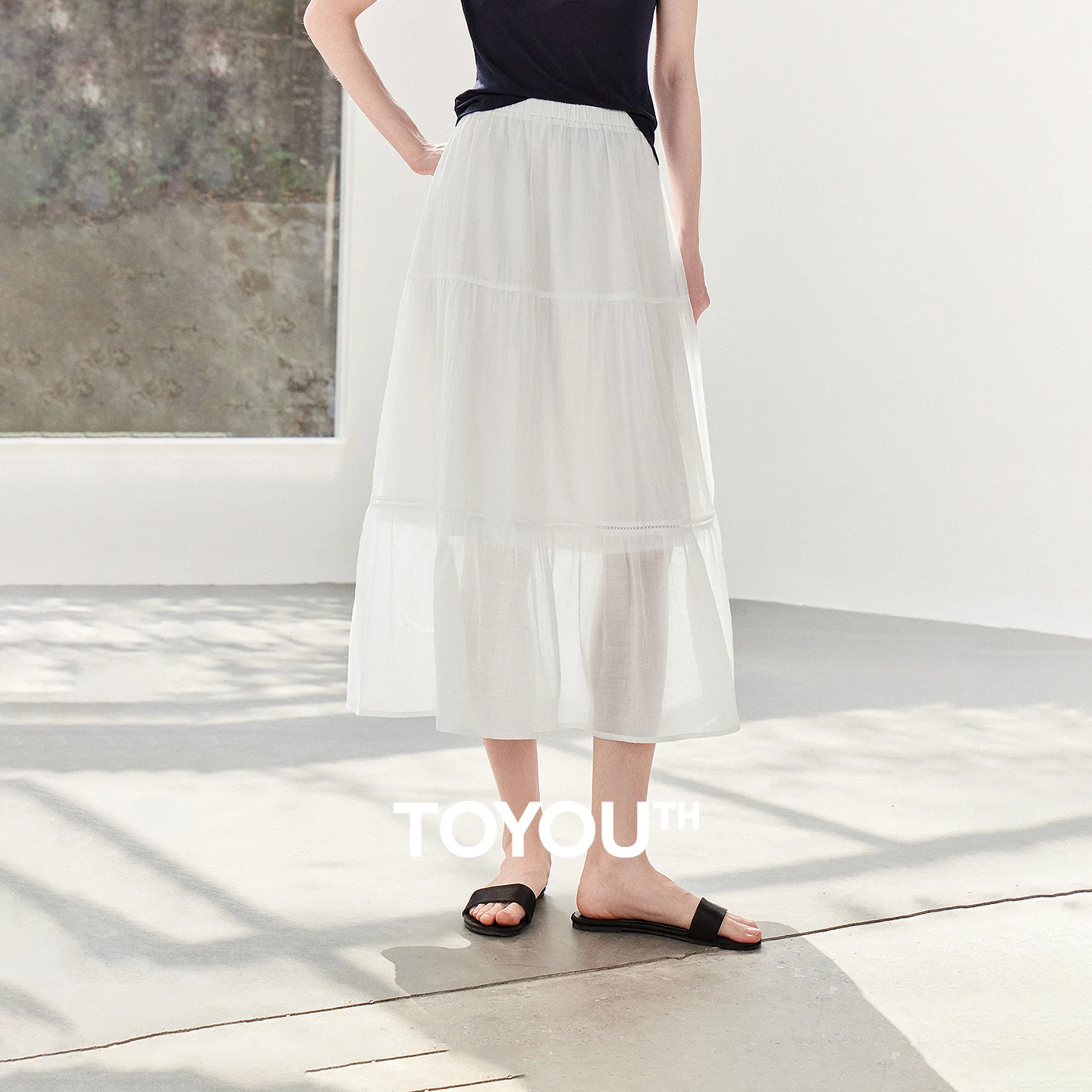 

TOYOUTH Women Lyocell Acetate Skirt 2026 Summer New Elastic Waist Patchwork Slight Wrinkle Fresh White Moonlight Skirt