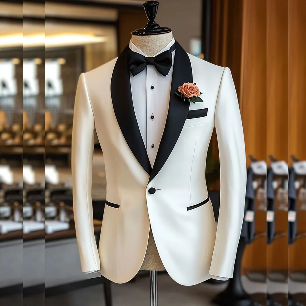 Formal Wedding Men's Suits Elegant One Button Black Shawl Lapel Slim Fit 2 Piece Jacket Pants Sets High Quality Wedding Clothing