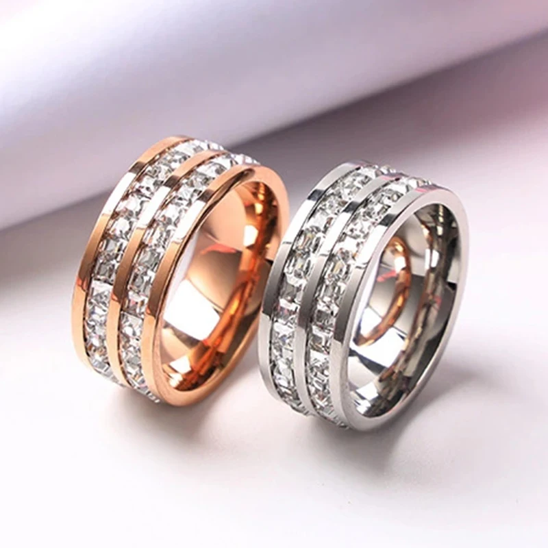 Luxury Rose Gold Color Single Double Row Square Zircon Stainless Steel Ring For Women Romantic Engageme Wedding Party Jewelry