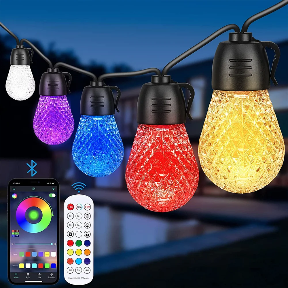 15M 15/25Leds Outdoor String Lights Patio Lights APP and Remote Control RGB Edison Bulbs Garlands for Backyard Party Xmas Decor