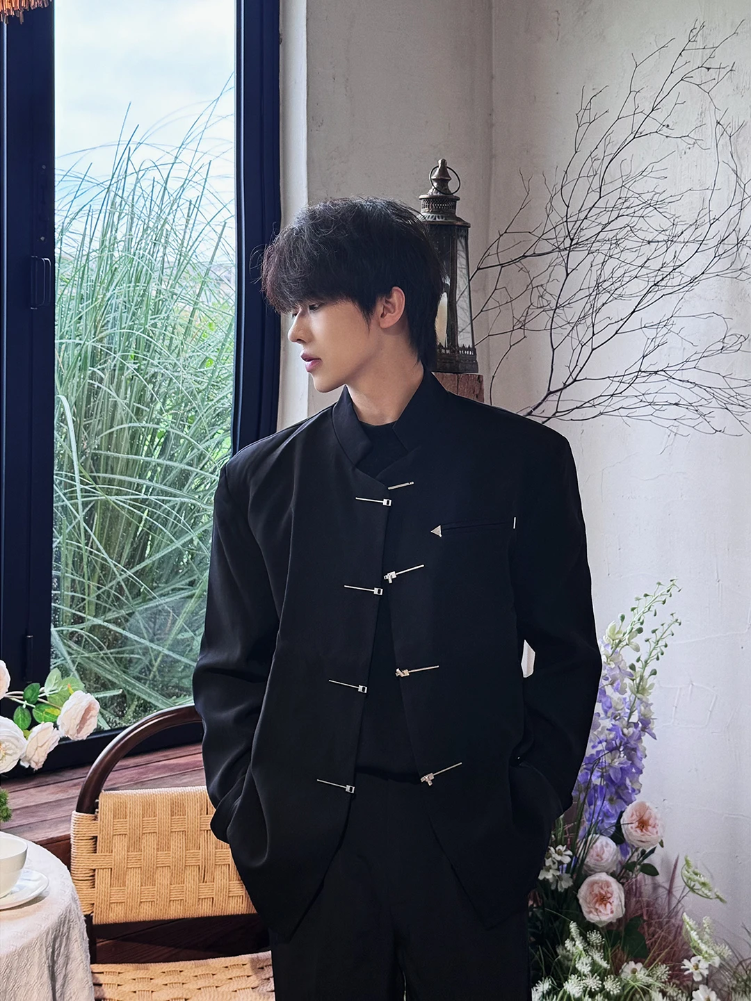 

New Chinese Sle Casual oulder Pad Men's Suit Coat Autumn High-End Feeling Stand Collar Zhongan Suit Polyester Fiber Lon...