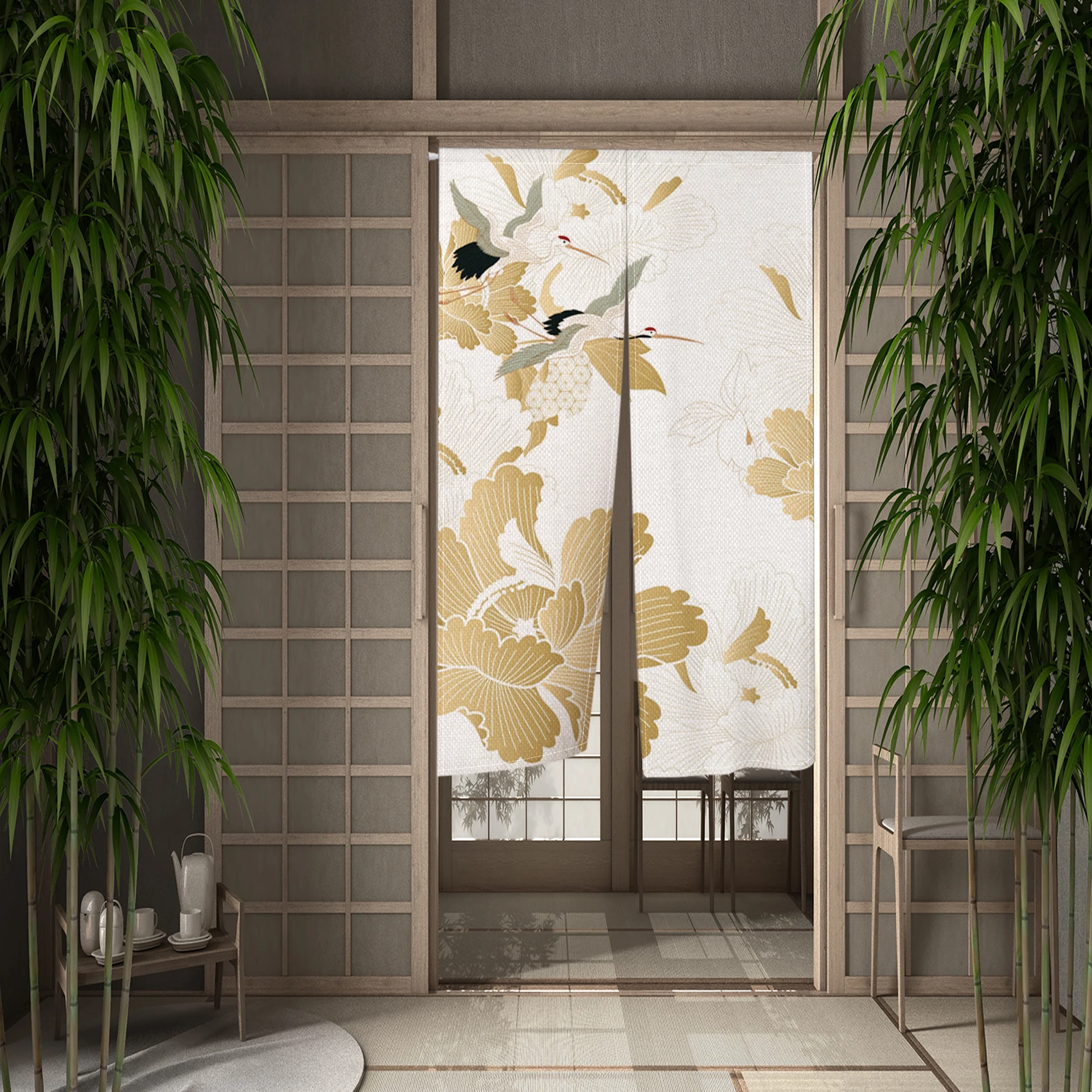 Golden Leaves Flowers Door Curtains Art Japanese Doorway Living Room Partition Curtains Drape Entrance Hanging Half-Curtain Prop