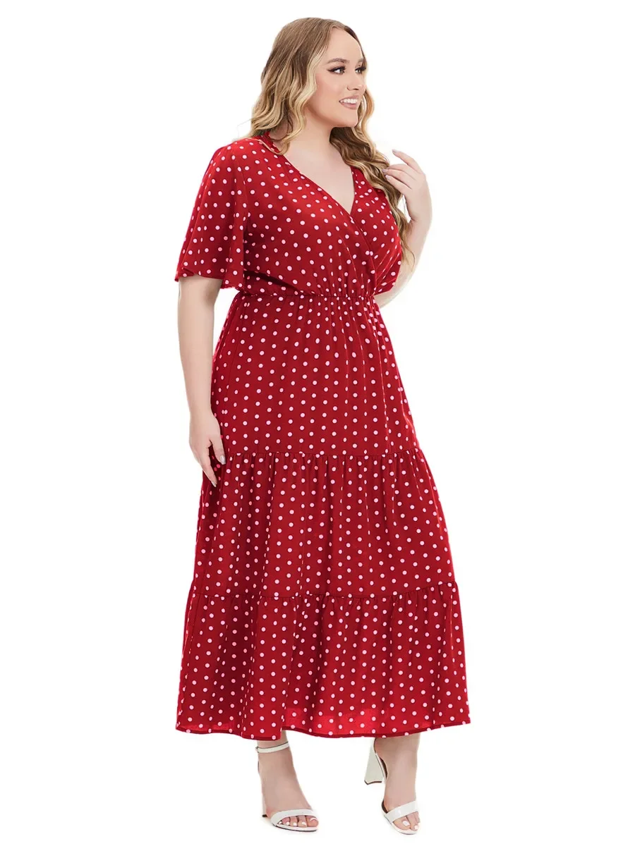 

Fashion Summer Dresses for Women Long Dress Red Green Blue Short Sleeve Women's Elegant Clothing Polka Dots Holiday Clothes