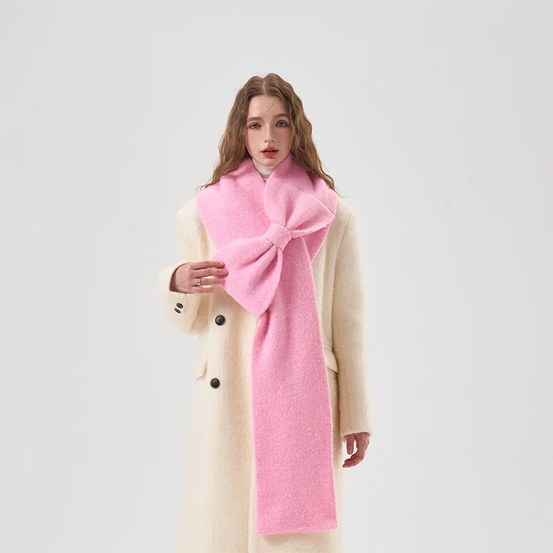 Niche Korean Style Designer Model Plush Soft Bow Wool Scarf Winter Warm Show White Thickening Scarf