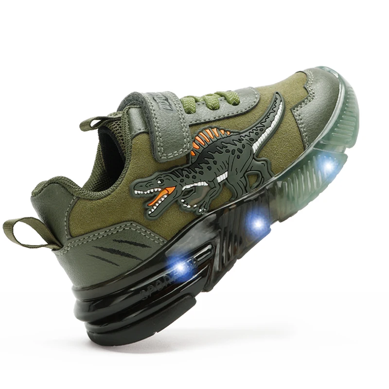 EXDINO Kleine Kinder Frühling Herbst LED Spinosaurus Leuchten Schuhe Kinder Dinosaurier Jungen Blinkende Outdoor Casual Sport Turnschuhe