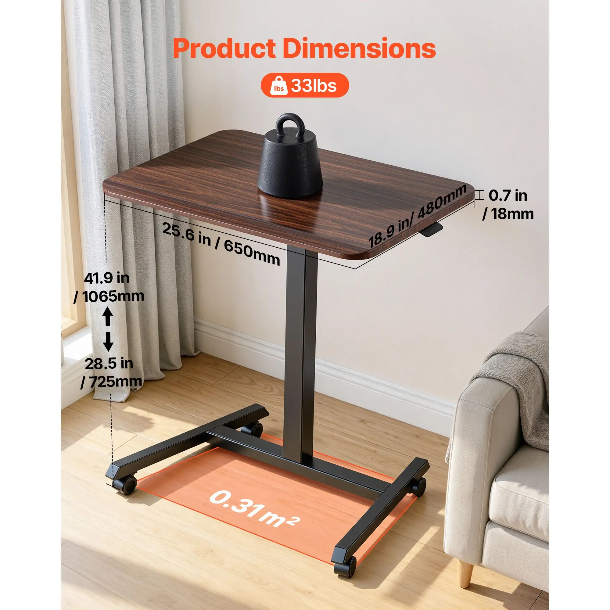 Standing Desk, Adjustable Height Mobile Stand Up Desk with 4 Casters, 25.6 x 19 in Small Computer Sit Stand Rolling Workstation with Hook, 33 lbs Desktop Capacity, Ideal for Home Office, Brown