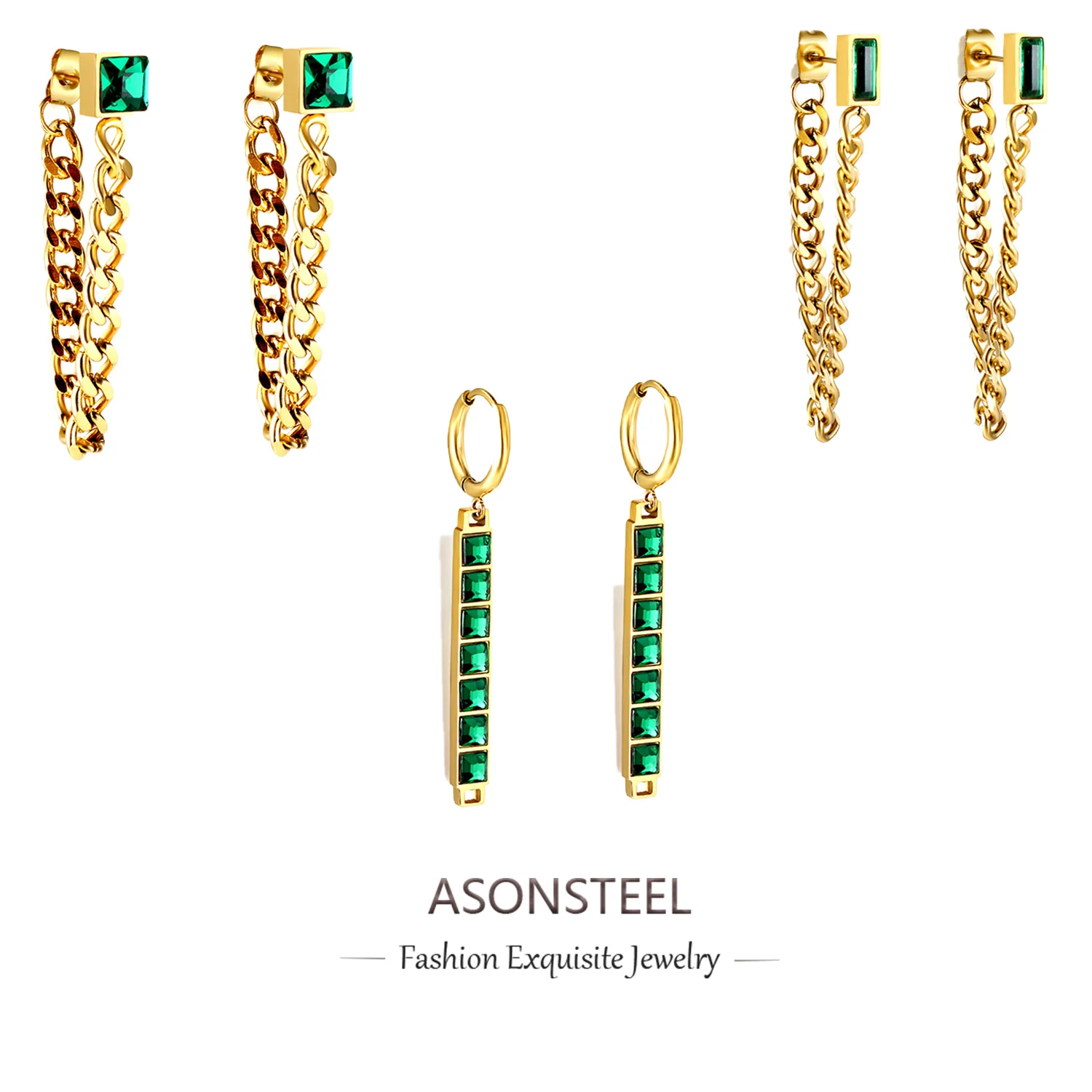 ASONSTEEL Luxury Chic Square Rectangular Shape Piercing Dangle Drop Earrings Green Cubic Zirconia Stainless Steel Jewelry Party