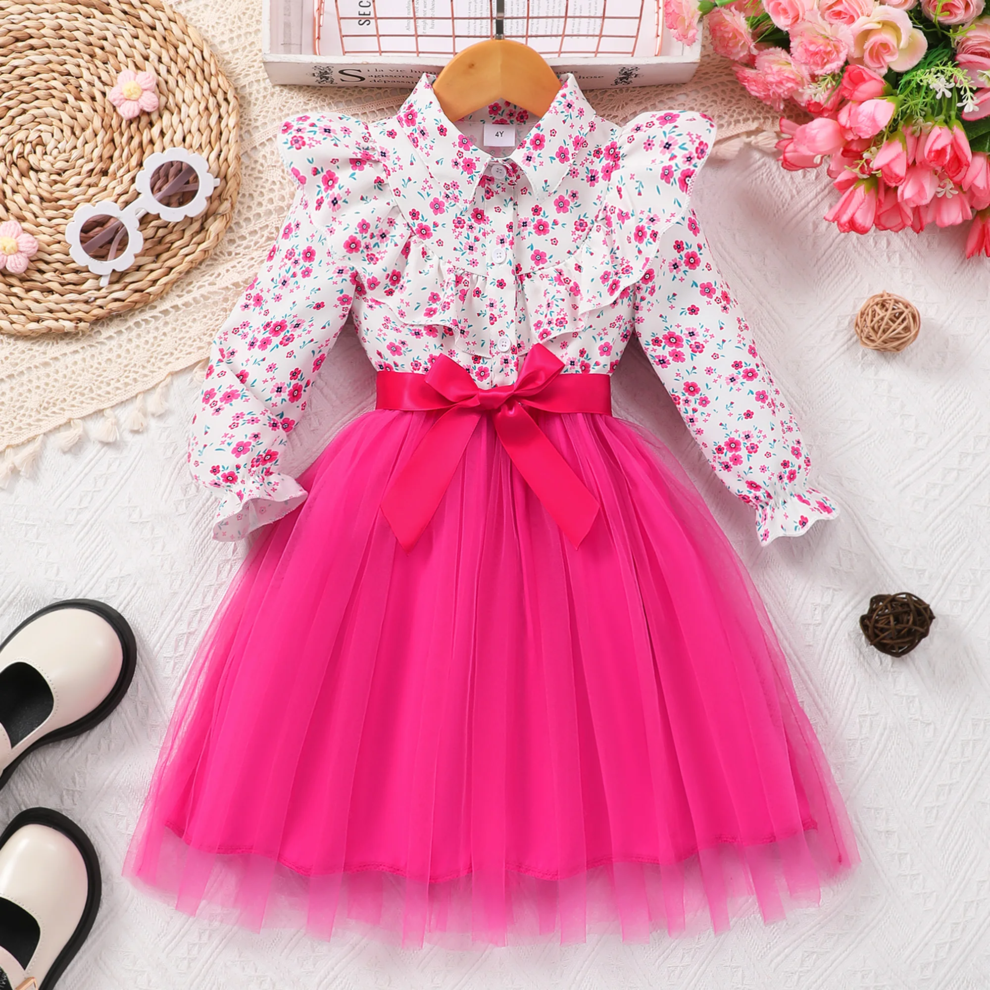 Hot Pink Kids Girl Princess Dress Summer Long Sleeve Floral Elegant Gauze Belt Dress Casual Cute Children Dress 2 3 4 5 6 7 Yrs