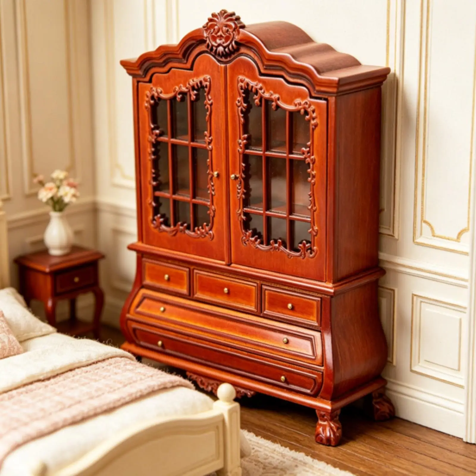 Dollhouse Cabinet Decorative Ornate Wooden Dollhouse Display Cabinet with Drawers Miniature Sideboard with Glass Doors Openable