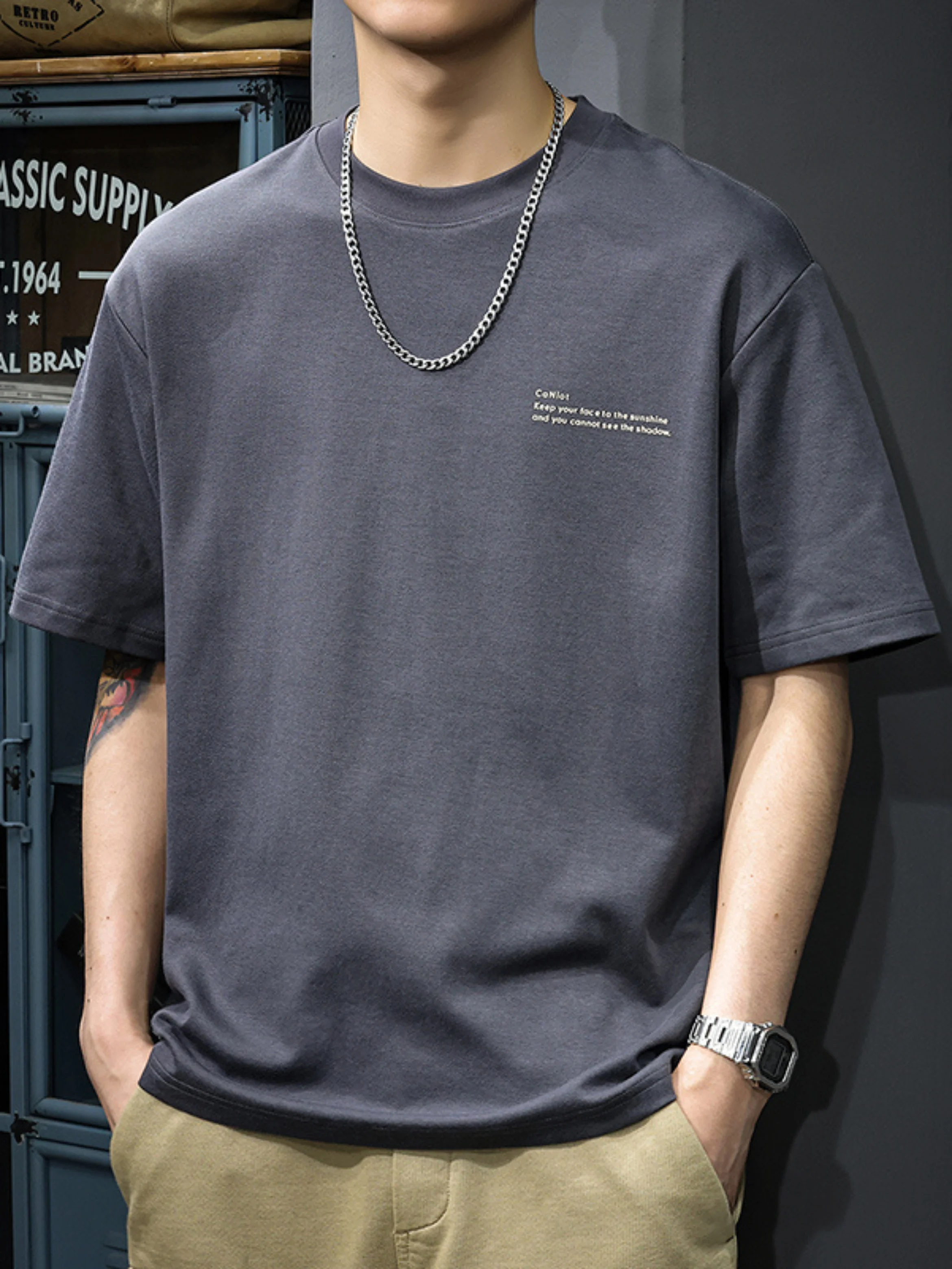 Men's 100% pure cotton summer loose size simple letter printed casual and comfortable round neck short sleeved T-shirt top image 2