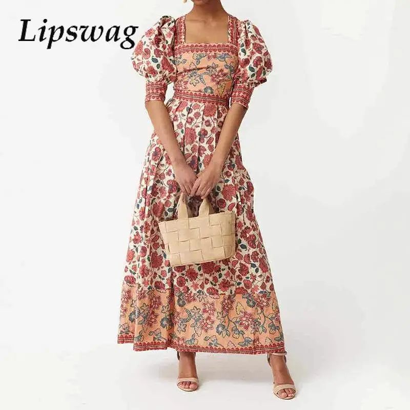 Elegantes Oberteil mit quadratischem Ausschnitt und Blasenärmeln und langem Rock, Damenmode, Blumendruck, böhmische Outfits, Sommer, lässige Party, 2-teiliger Anzug