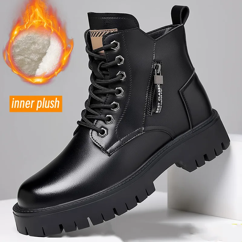 Botas de cuero genuino Para Hombre, zapatos de algodón de felpa de alta calidad, Botas cortas de trabajo Para la nieve, Botas antideslizantes Para Hombre, novedad