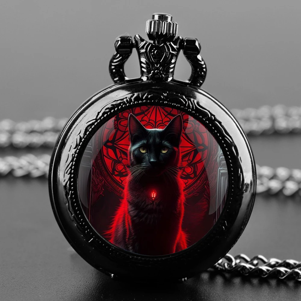 Montre de Poche en Forme de Chat Noir pour Homme et Femme, Accessoire avec Pendentif à Quartz, Vintage, à la Mode