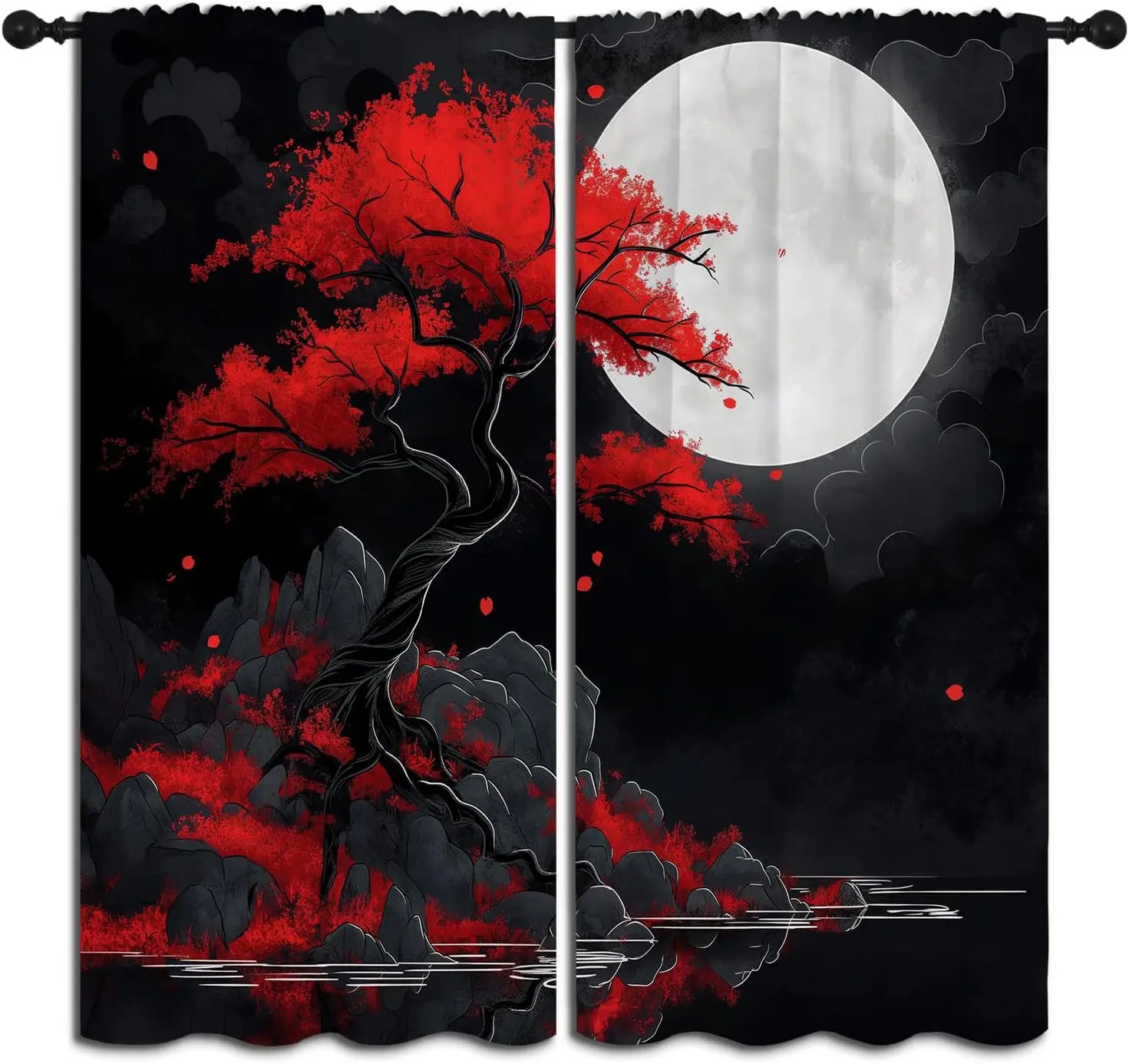 Japanese Boy Girls Blackout Curtains,Asian Anime Red Plum Moon Landscape Painting, 2 Panel Rod Pocket Thermal Insulated Drapes