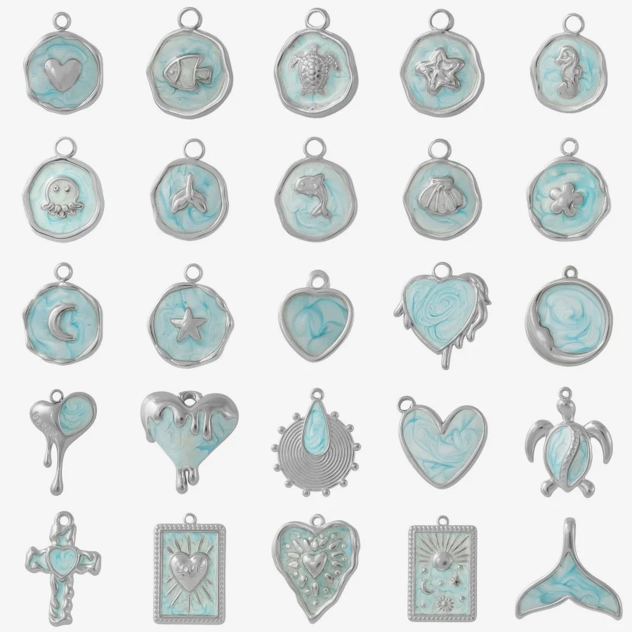 Biue Stainless Steel Drip oil Charms 5Pcs waterproof Marine Animal pendant DIY handmade crafts necklace accessories material