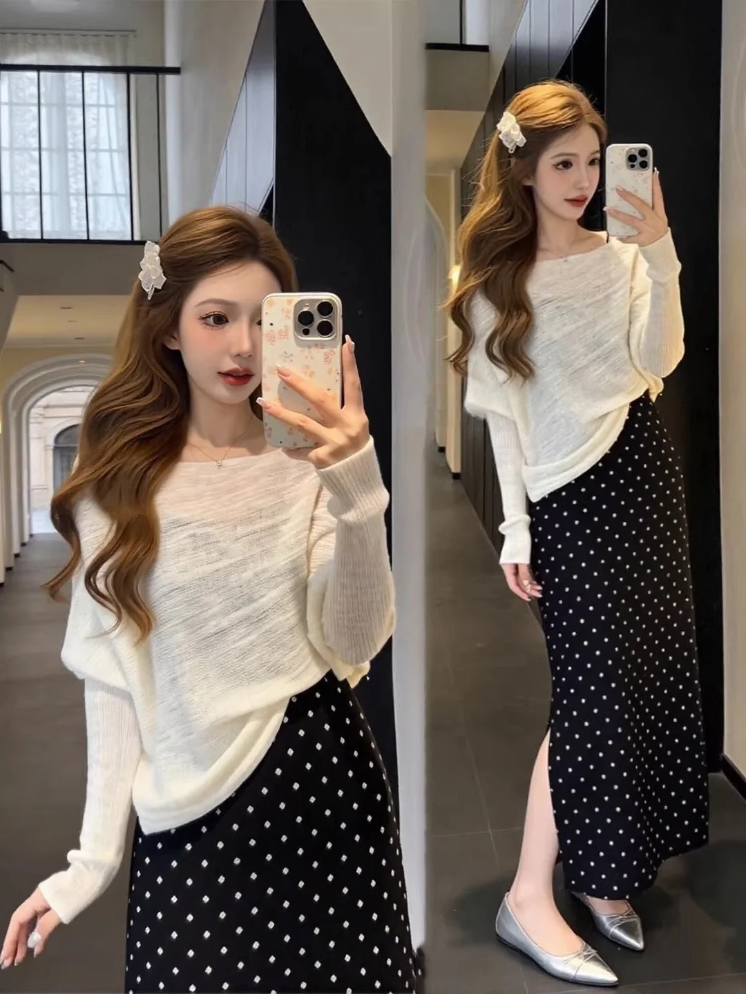 

Spring Summer plus Size Women's Knitted Top And Polka Dot Skirt Set Casual Fashionable High Waist Loose Fit round Neckline