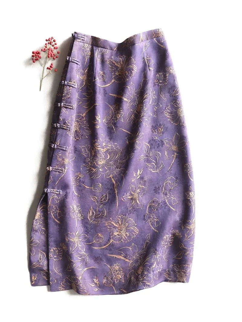 Chinese Style Frog Button Silk Skirt Women Summer New Fashion High Waist Split Female Purple Skirts Floral Print Midi Skirts