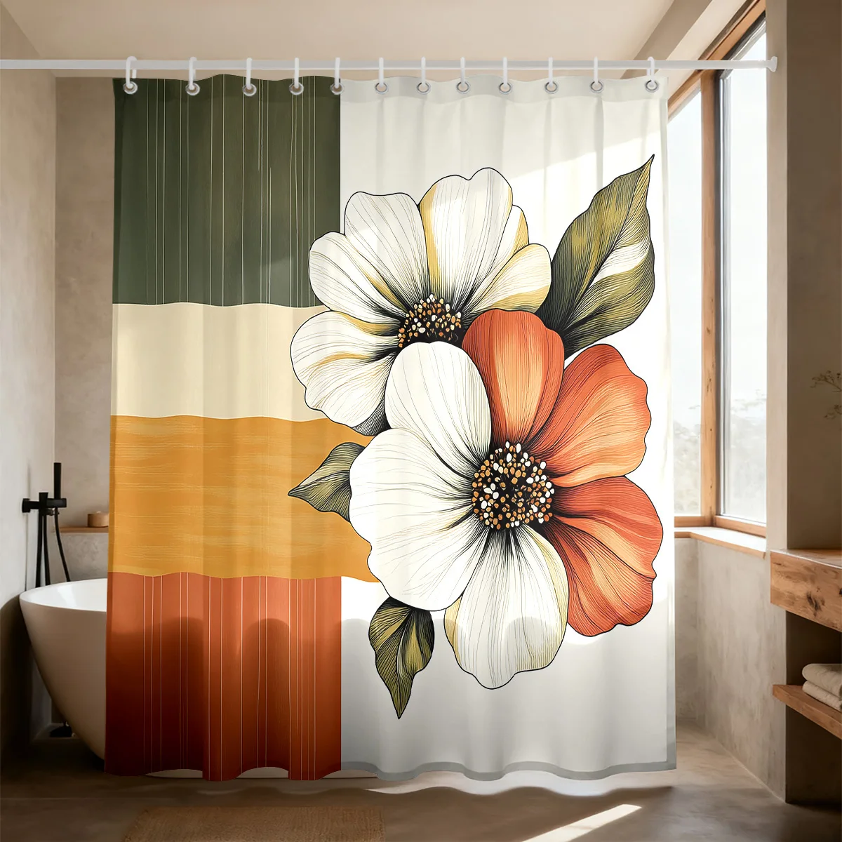Boho Color‑Block Floral Shower Curtain Polyester Digital Printing Retro Hand‑Drawn White‑Orange Big Blossom With Green