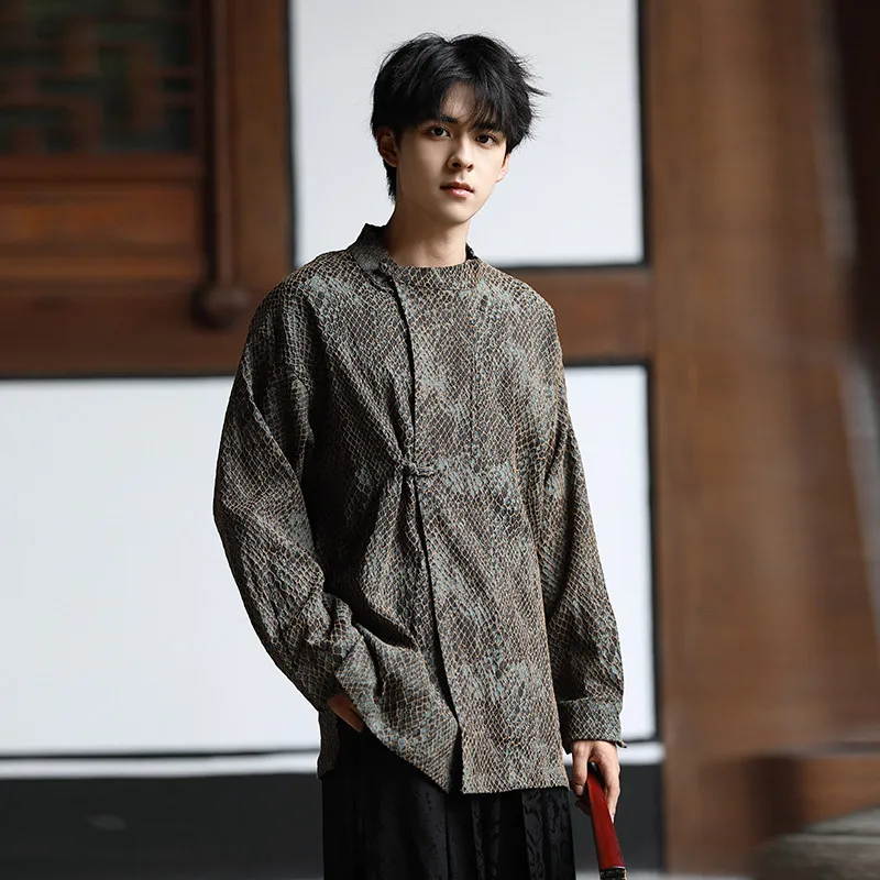 Jas Tang Pria Muda Gaya Cina Baru, Sensasi Mewah dengan Bordir Pola Ular Piton, Kerah Bulat, Kancing Samping, Model Dao...