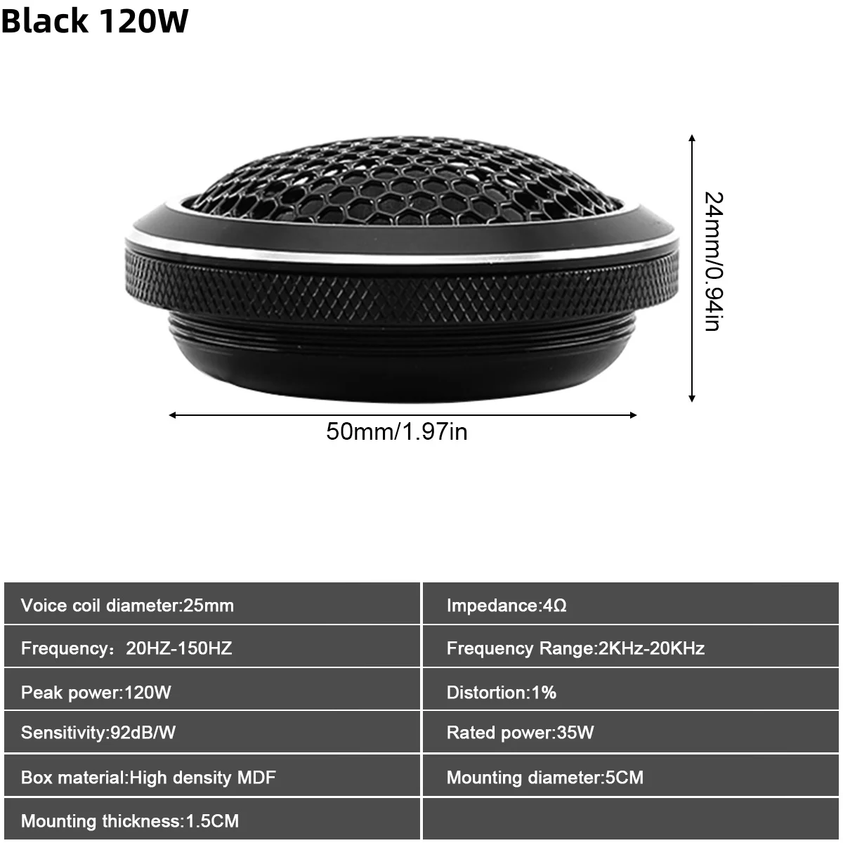 2pcs 120W / 150W Mini Black White Universal High Efficiency Dome Car Tweeter Stereo Speakers for Car Audio System