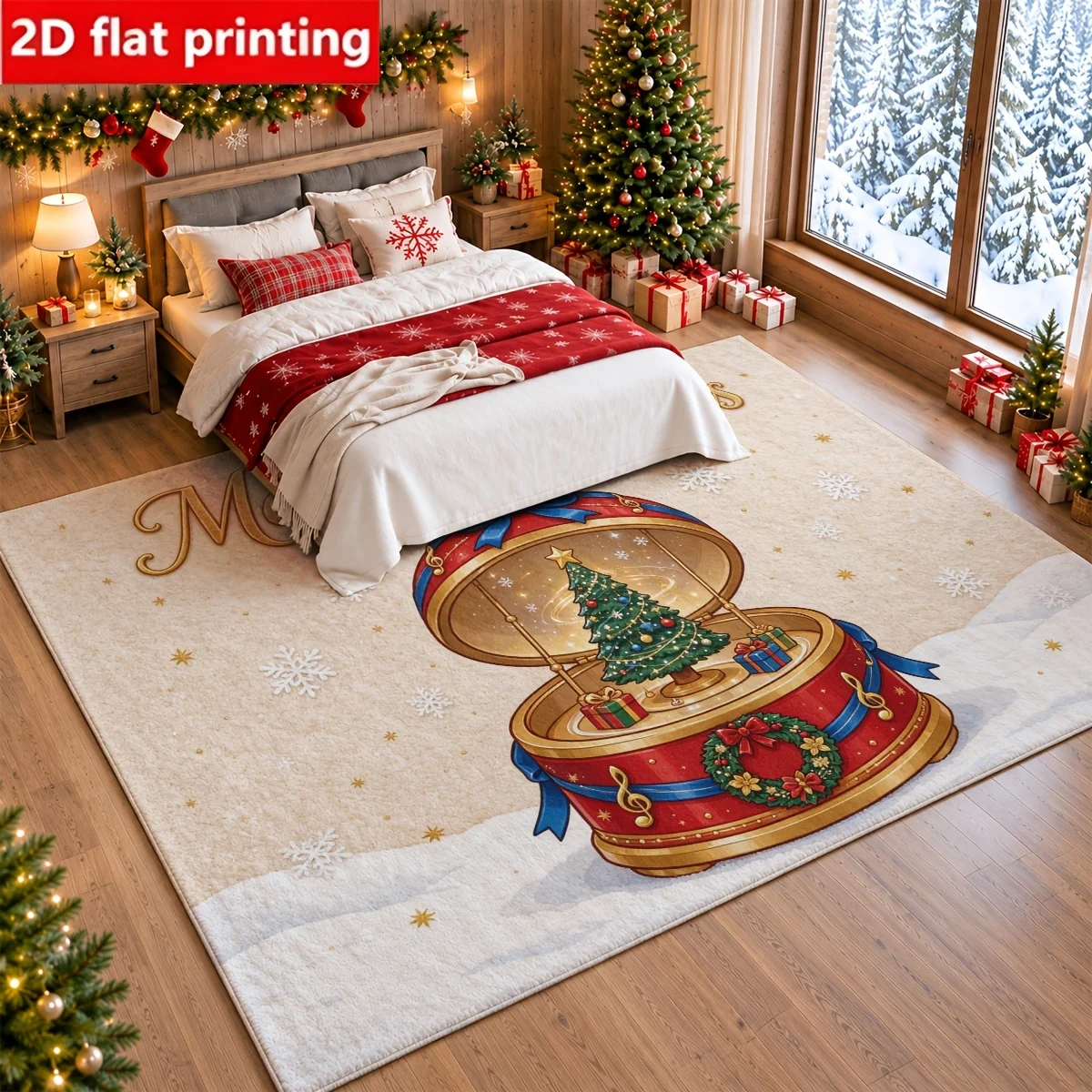 1pc 2D Flat Merry Christmas Musical Gift Box Snowflake Printed Floor Mat, Decorative Rug for Living Room, Bedroom, Home