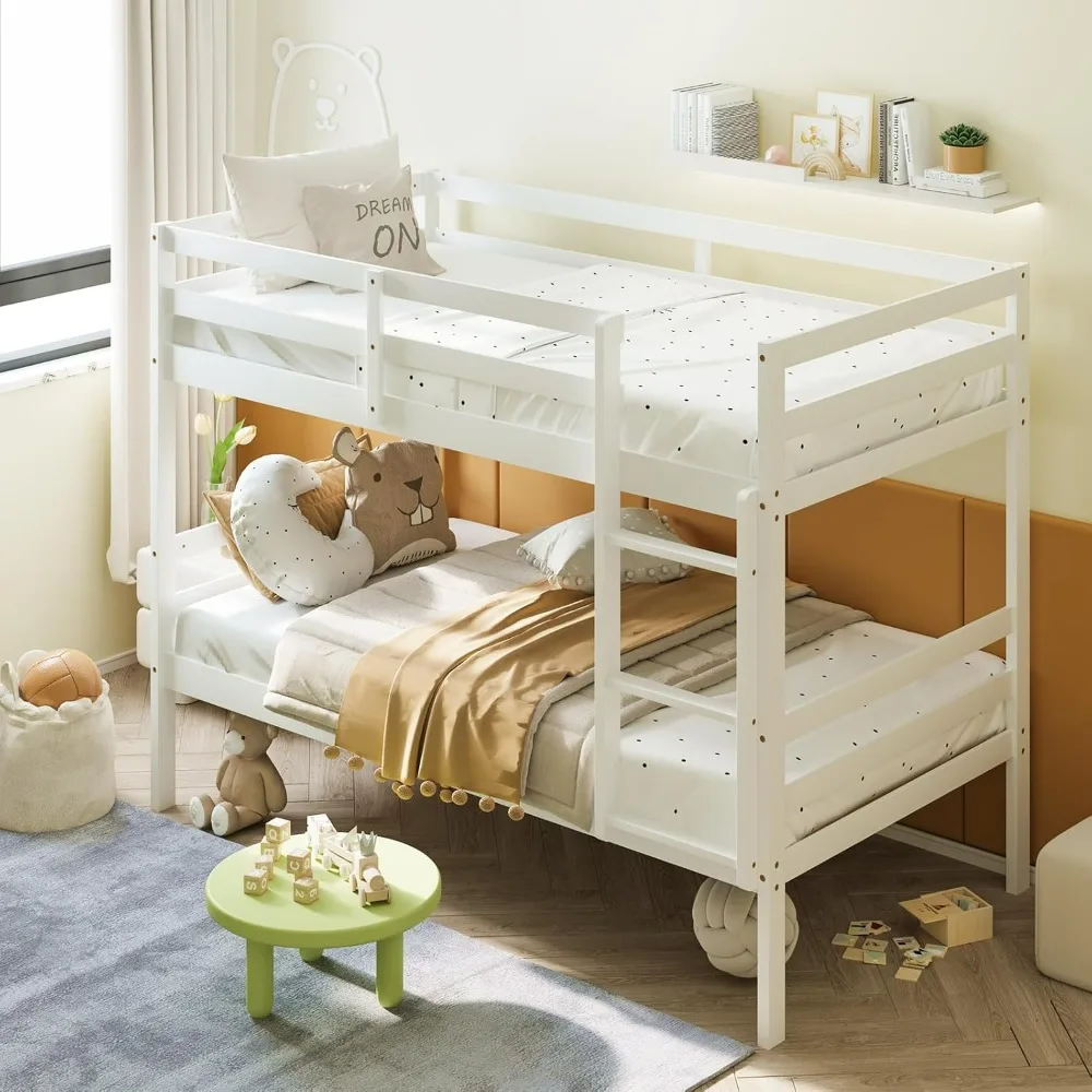 

Bunk Bed Twin Over Twin White, Solid Wood Bunk Bed with Sturdy Ladder & 12 Inch Safety Guard Rails, Twin Size Wood Bed Frame