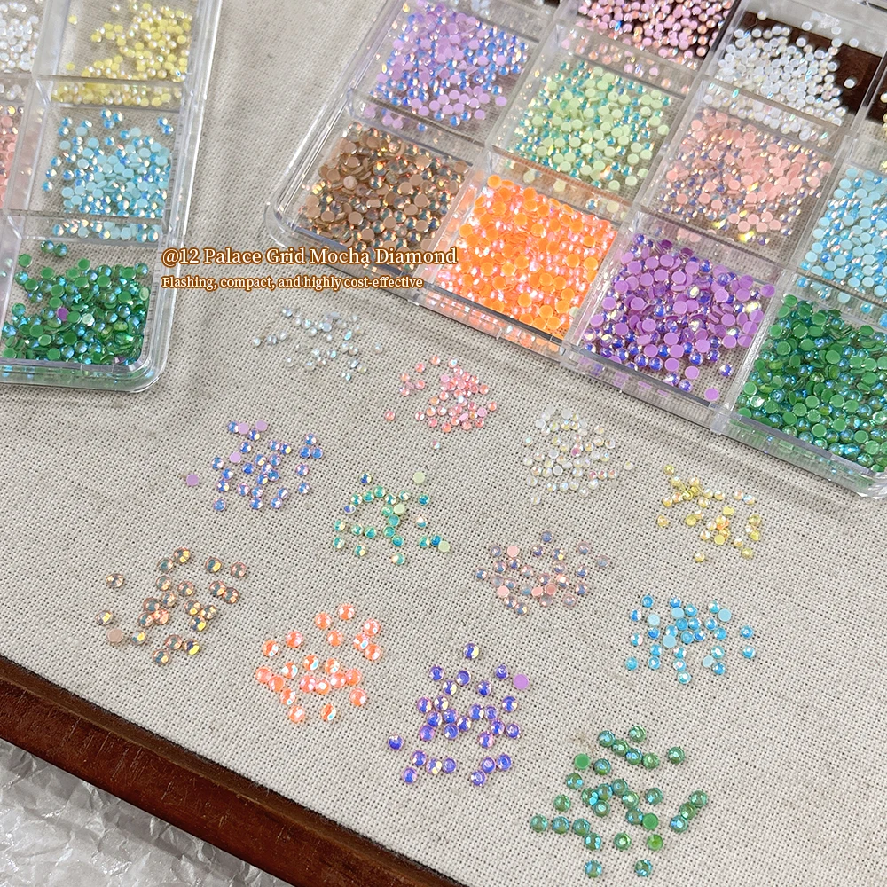KANIU 12 Grids Flat Bottom Round Mocha Finish Manicure Decorations Dopamine Colorful K9 Glass Nail Charms For Spring Nail Art