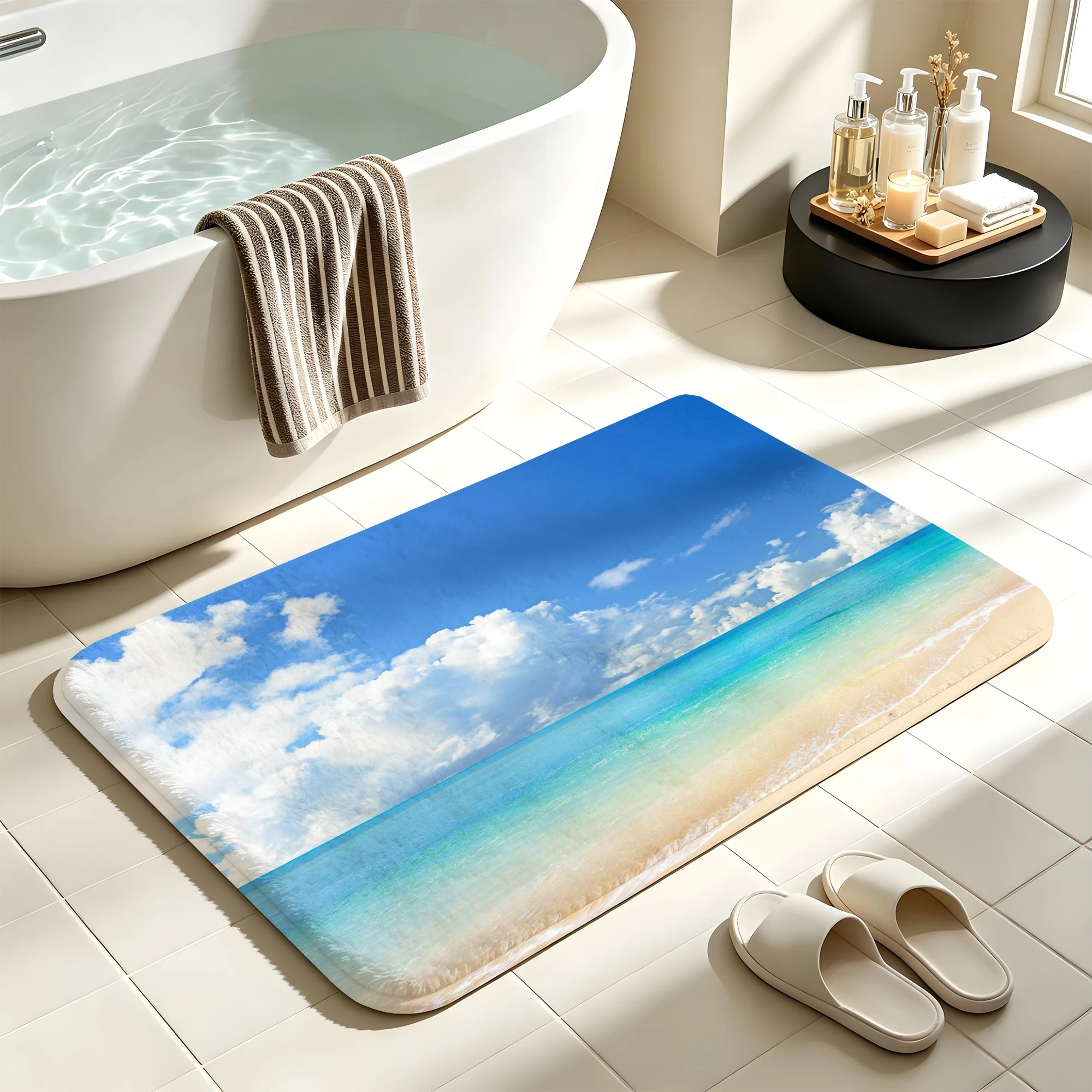 Blue Sky Beach Bath Mat Coastal Scenery Water Absorbent Quick Dry Anti-Slip Shower Rug Floor Carpet for Bathroom Home Decor