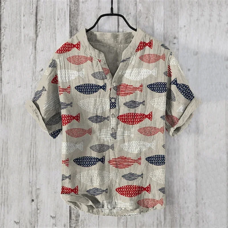 Chinese mascot printed ancient style Hawaiian shirt for men's bamboo and linen summer short sleeved sweat absorbing shirt