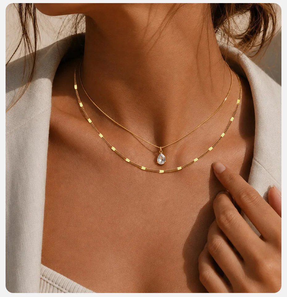 Vnox Trendige Doppelschichtige Halskette für Damen, 18K Vergoldet, Tropfenförmiger Zirkon, Runde Schlangenkette, Choker-Halskette, Y2K-Schmuck – Detail 3