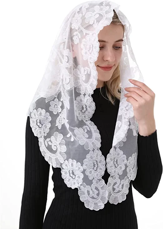 Velo de encaje bordado Triangular para mujer, cubierta de cabeza de muselina, Mantilla de encaje