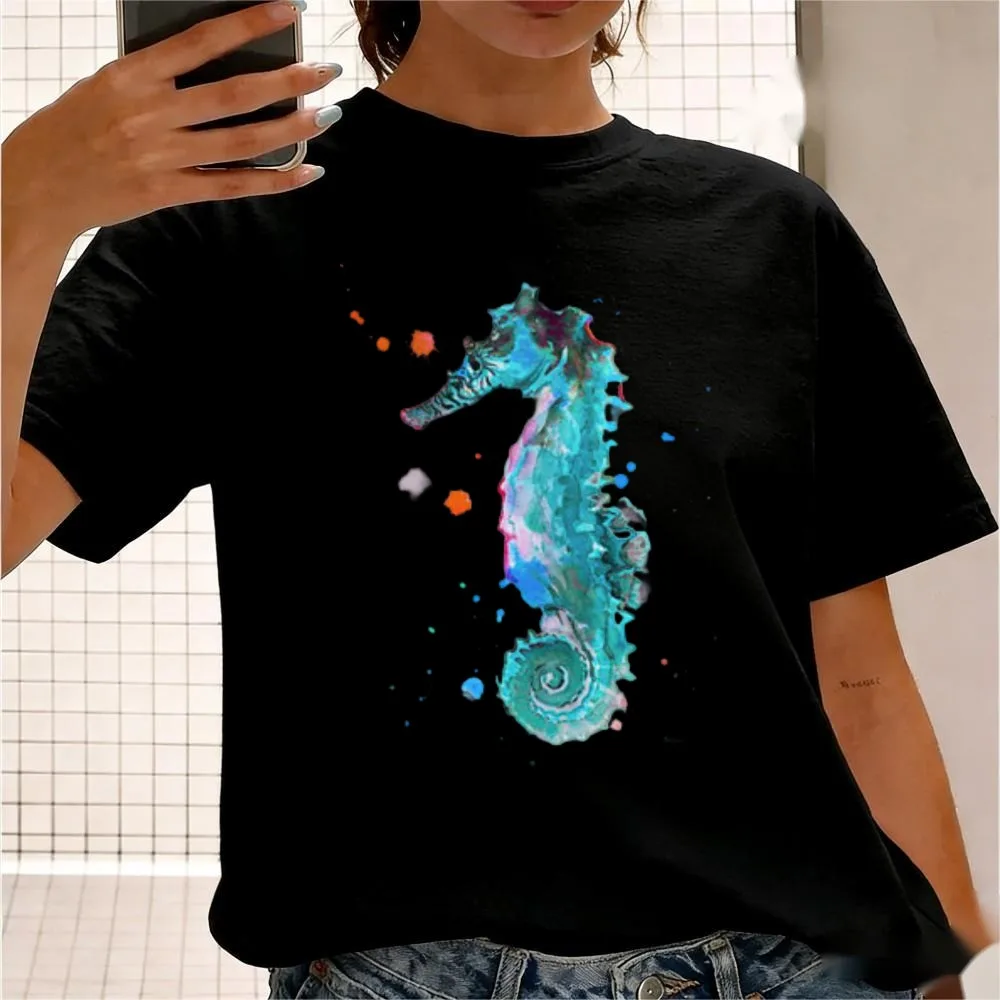 Watercolor Seahorse Ocean Splash Printed TShirt Women Cotton Shirt Colorful Watercolor Teal Blue Seahorse Lover Casual Clothing