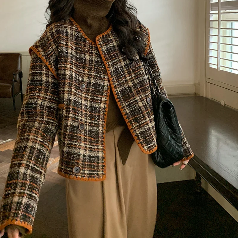 

Fragrant Popular Coat Women's Autunmn Short Retro Round Neck Slim Wool Jacket