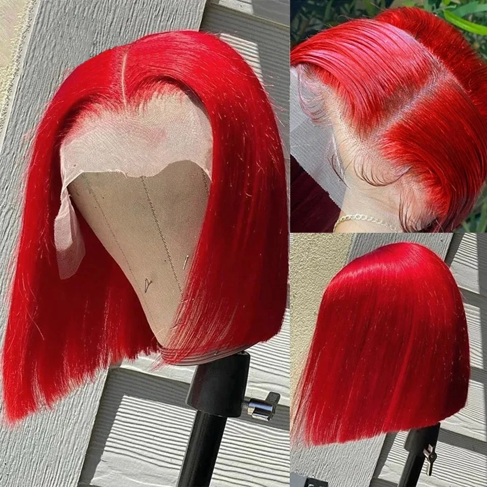 Peruca curta vermelha quente 13x4 peruca dianteira de renda reta para mulheres bob peruca frontal de renda cabelo sintético fibra resistente ao calor uso diário