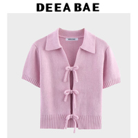 DEEABAE Women's Korean Casual Style Sweet And Pure Desire Bow Decoration Knitted Short Sleeved Lapel Top