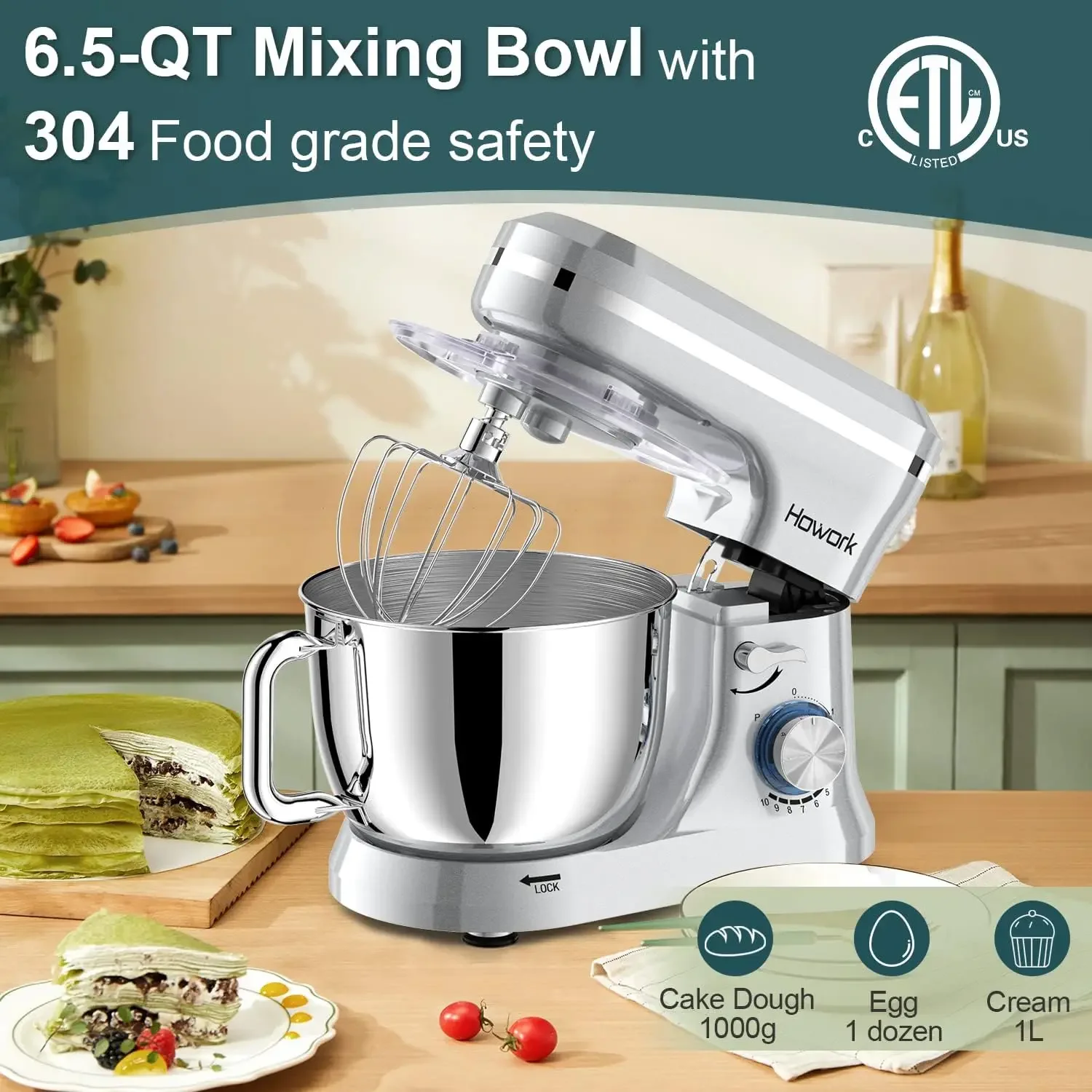 Suporte elétrico Mixer com aço inoxidável Tigela, Dough Hook, Wire Whip, batedor para a maioria dos cozinheiros domésticos, 10 + Velocidades, 6.5QT, Novo